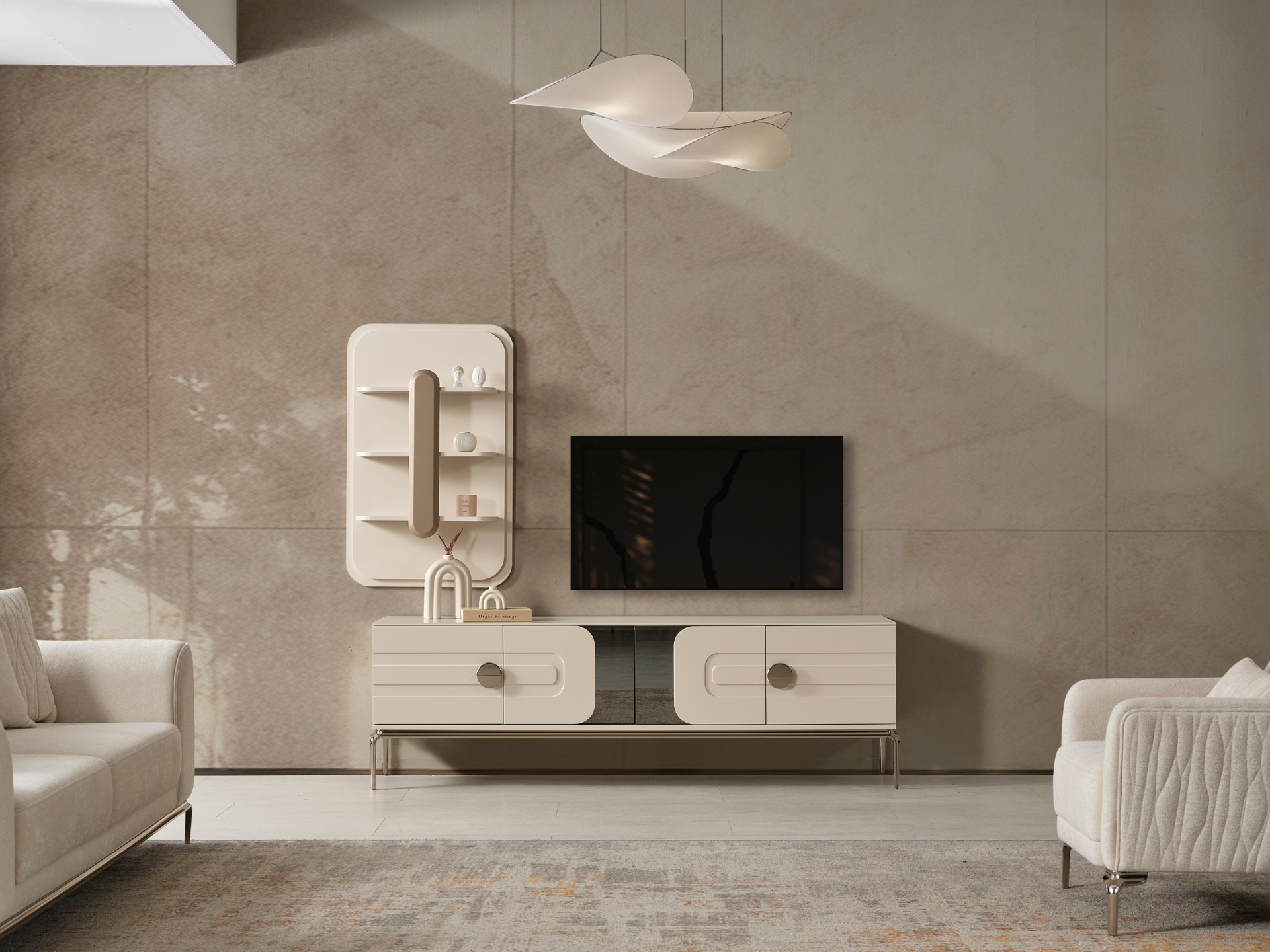 Senna TV ünitesi krem lake modern, aynalı orta bölme ve duvar rafı