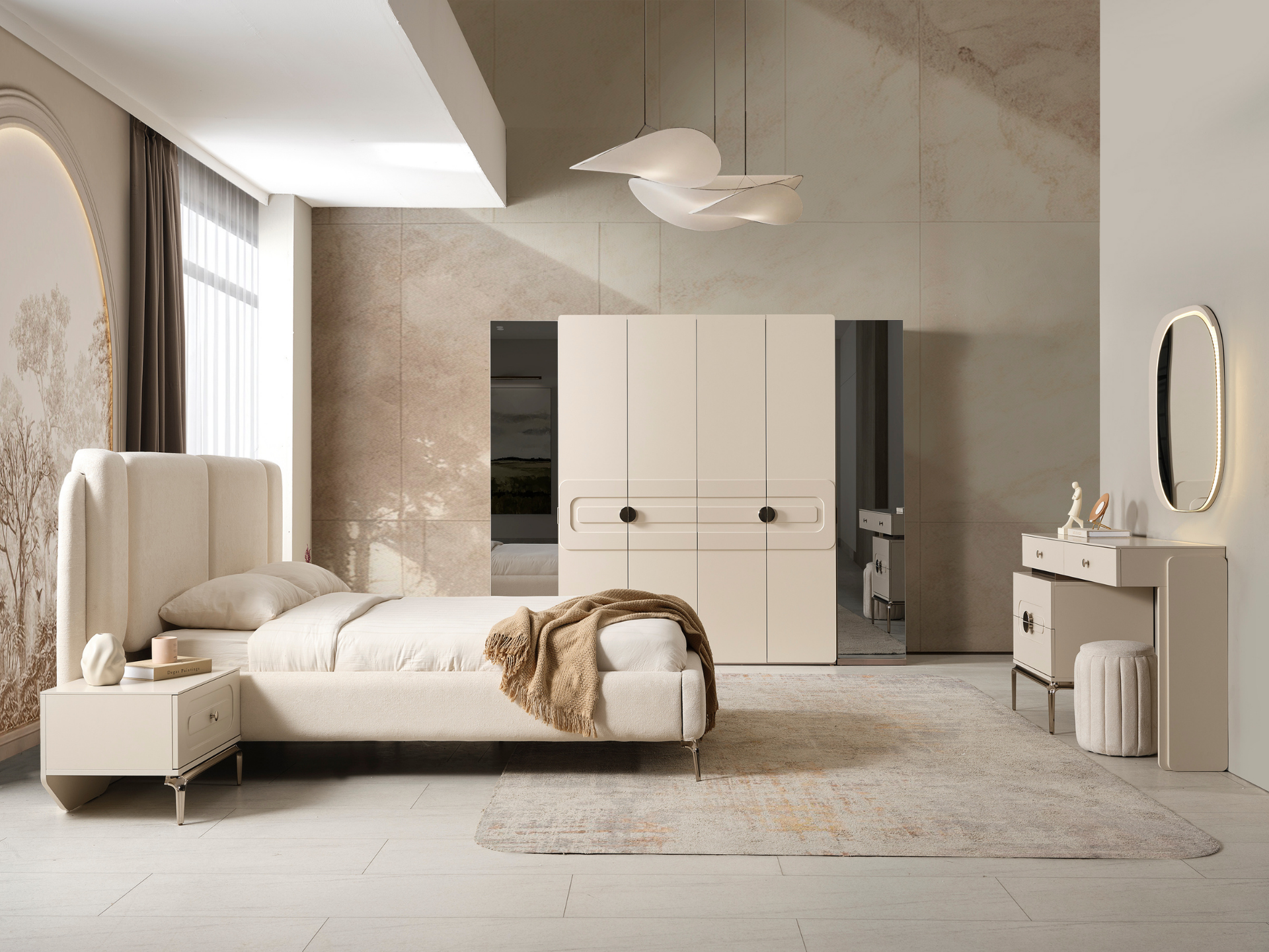Senna yatak odası krem modern takım — bouclé başlık, aynalı gardırop ve makyaj masası