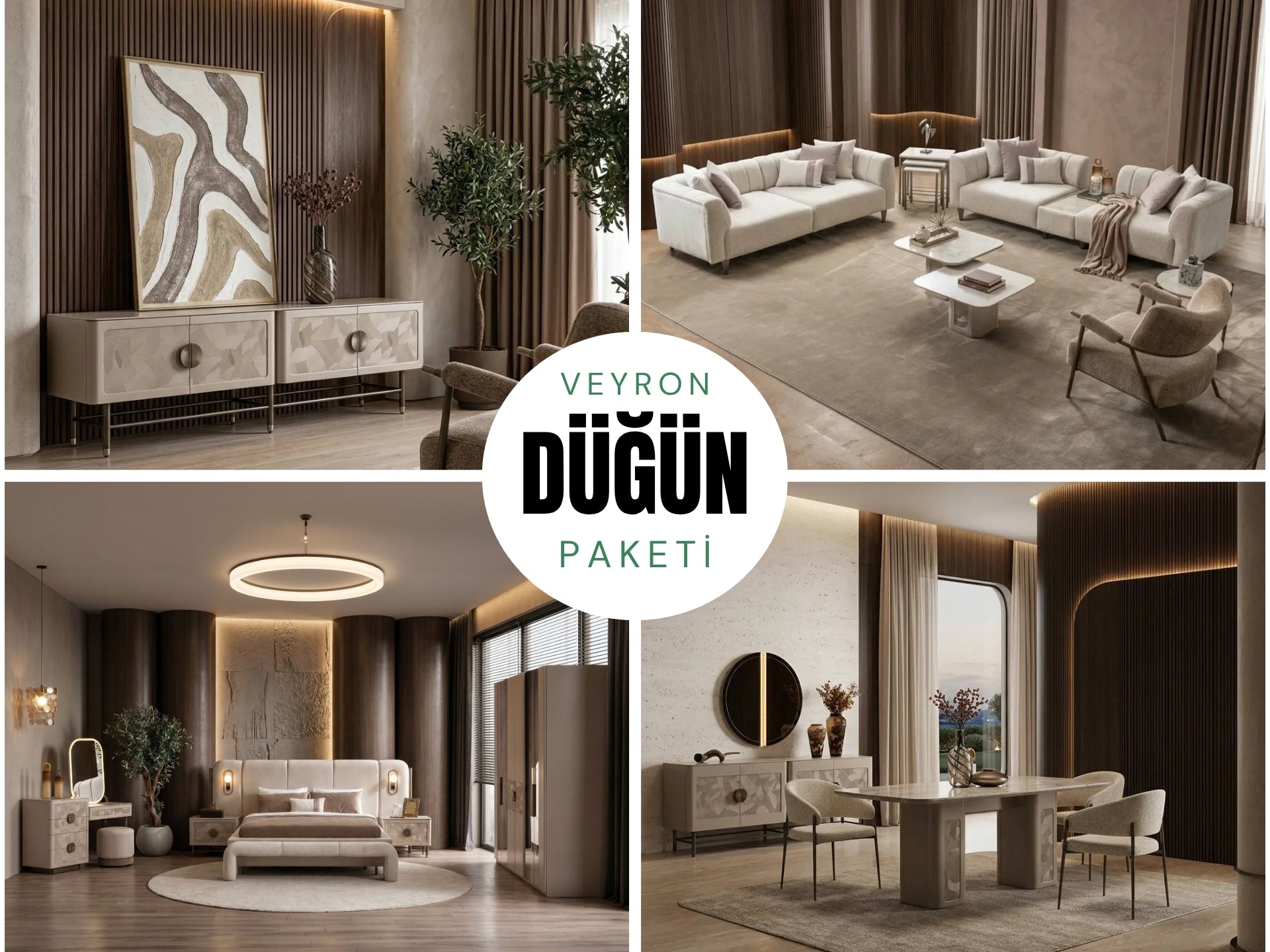 Veyron Düğün Paketi — Veyron yatak odası, yemek odası ve 4+3+1+1 koltuk takımından oluşan evlilik paketi